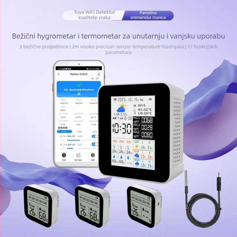 NOBITOR 2CO23 WiFi mjerač kvalitete zraka s vremenskom stanicom – unutarnje/vanjske, PM2.5, temperatura, vlaga, raspon 0-1000