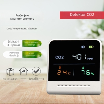 CO2 detektor s infracrvenim prikazom koncentracije, prijenosni model za unutarnju uporabu; mjeri CO2, temperaturu i vlagu; raspon 400–5000 ppm; točnost 50 ppm; rezolucija 1 ppm; napajanje 5V