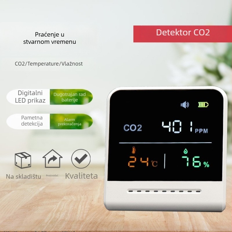 CO2 detektor s infracrvenim prikazom koncentracije, prijenosni model za unutarnju uporabu; mjeri CO2, temperaturu i vlagu; raspon 400–5000 ppm; točnost 50 ppm; rezolucija 1 ppm; napajanje 5V