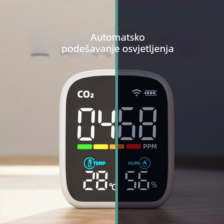 Infracrveni CO2 detektor s temperaturom i vlagom, raspon 400–5000 ppm, točnost 1 ppm, razlučivost 1 ppm, napajanje 3.7V, model Pv28aw