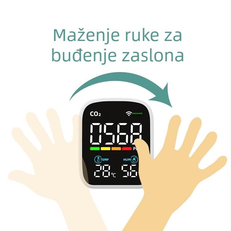 Infracrveni CO2 detektor s temperaturom i vlagom, raspon 400–5000 ppm, točnost 1 ppm, razlučivost 1 ppm, napajanje 3.7V, model Pv28aw