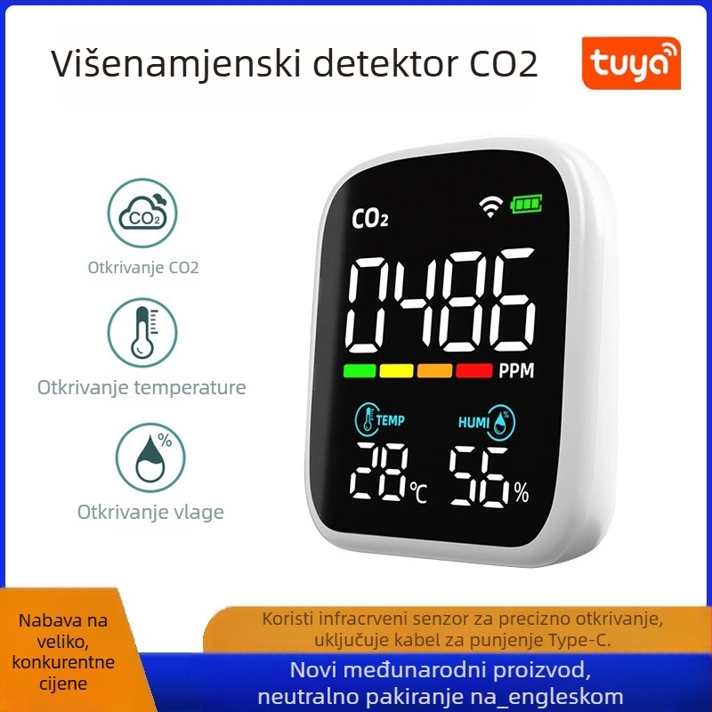 Infracrveni CO2 detektor s temperaturom i vlagom, raspon 400–5000 ppm, točnost 1 ppm, razlučivost 1 ppm, napajanje 3.7V, model Pv28aw