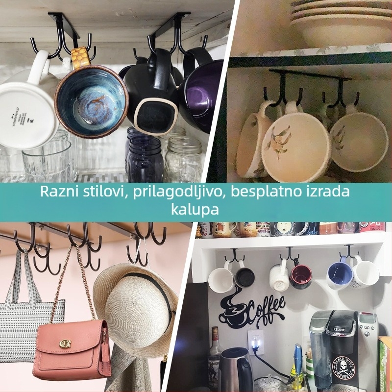 Željezni držač za šalice ispod police — 1-etažni, višenamjensko kuhinjsko skladištenje, visi, ugradnja vijcima