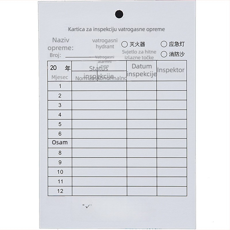 Karta inspekcije vatrogasne opreme: aparati sa suhim prašinom, mjesečni obrazac inspekcije