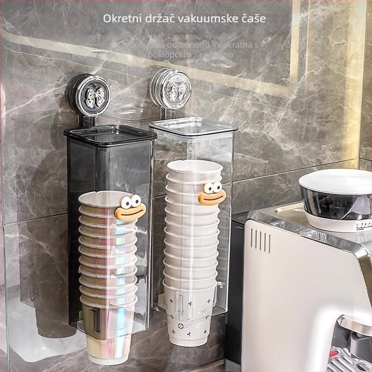 Zidni držač za jednokratne papirnate čaše s usisnim dispenzerom, plastika, 1 razina, moderan minimalistički dizajn, bez bušenja