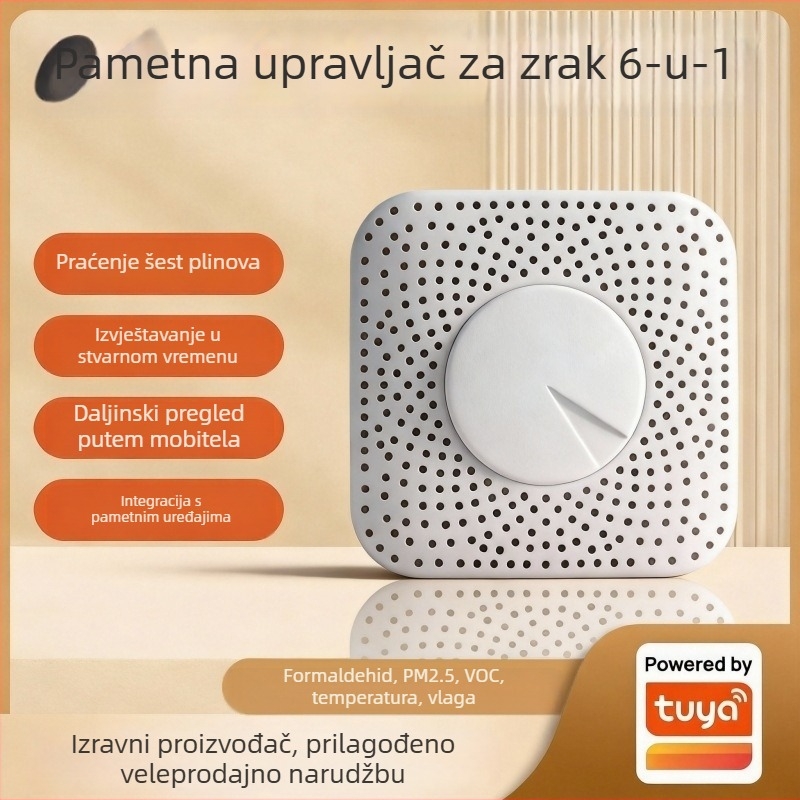 Šest u jednom pametan monitor kvalitete zraka — PM2.5, formaldehid, VOC, CO2, temperatura i vlaga (unutarnji prostori do 100 m²)