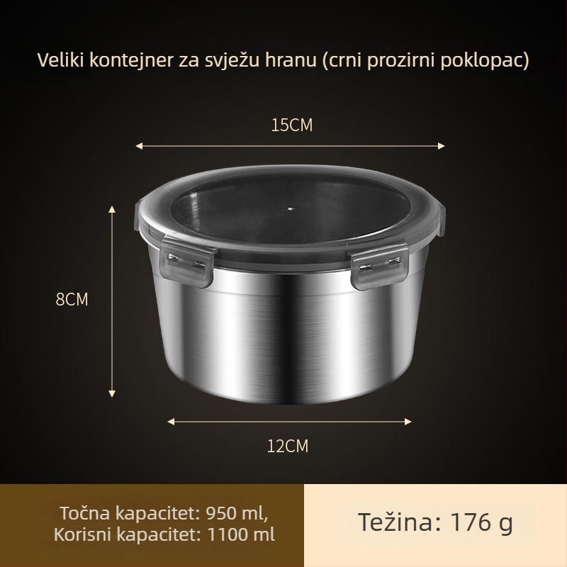 Okrugla kutija za hranu od nehrđajućeg čelika 304-316 sa brtvnim poklopcem; Materijal: 304-316 nehrđajući čelik; Značajke: zadržavanje topline, hermetičko skladištenje; Kapacitet: 301-500ml, 501-800ml, 800-1000ml, 1-2L, 2.1-3L