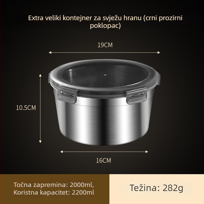Okrugla kutija za hranu od nehrđajućeg čelika 304-316 sa brtvnim poklopcem; Materijal: 304-316 nehrđajući čelik; Značajke: zadržavanje topline, hermetičko skladištenje; Kapacitet: 301-500ml, 501-800ml, 800-1000ml, 1-2L, 2.1-3L