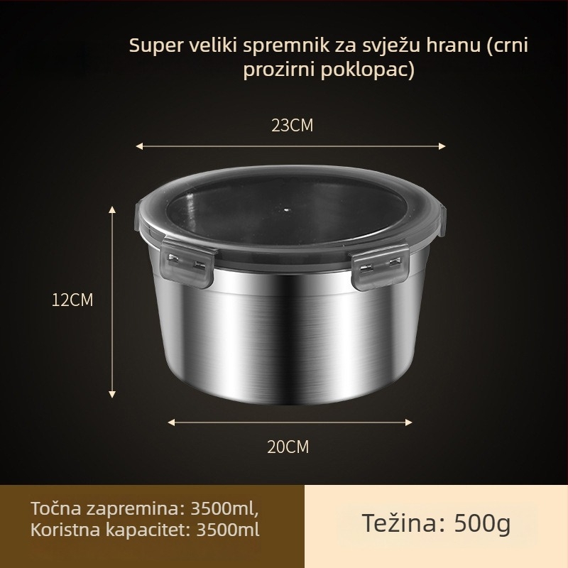 Okrugla kutija za hranu od nehrđajućeg čelika 304-316 sa brtvnim poklopcem; Materijal: 304-316 nehrđajući čelik; Značajke: zadržavanje topline, hermetičko skladištenje; Kapacitet: 301-500ml, 501-800ml, 800-1000ml, 1-2L, 2.1-3L