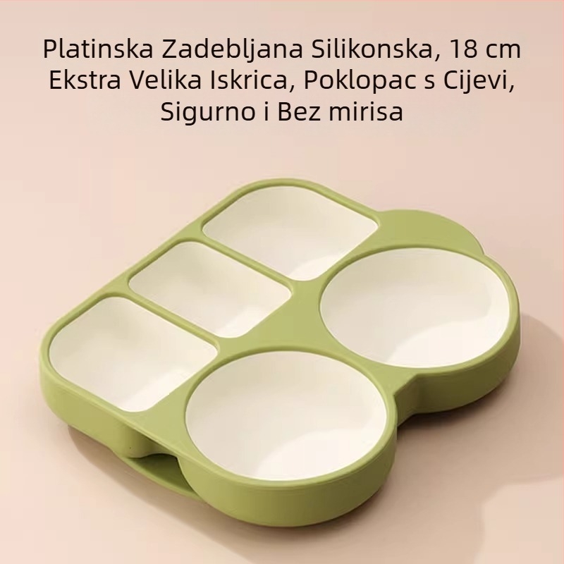 Silikonski dječji set posuđa za jelo s usisnom čašom — otporan na visoke temperature, crtani stil, višedijelni set s pretincima, za djecu od 6 mjeseci