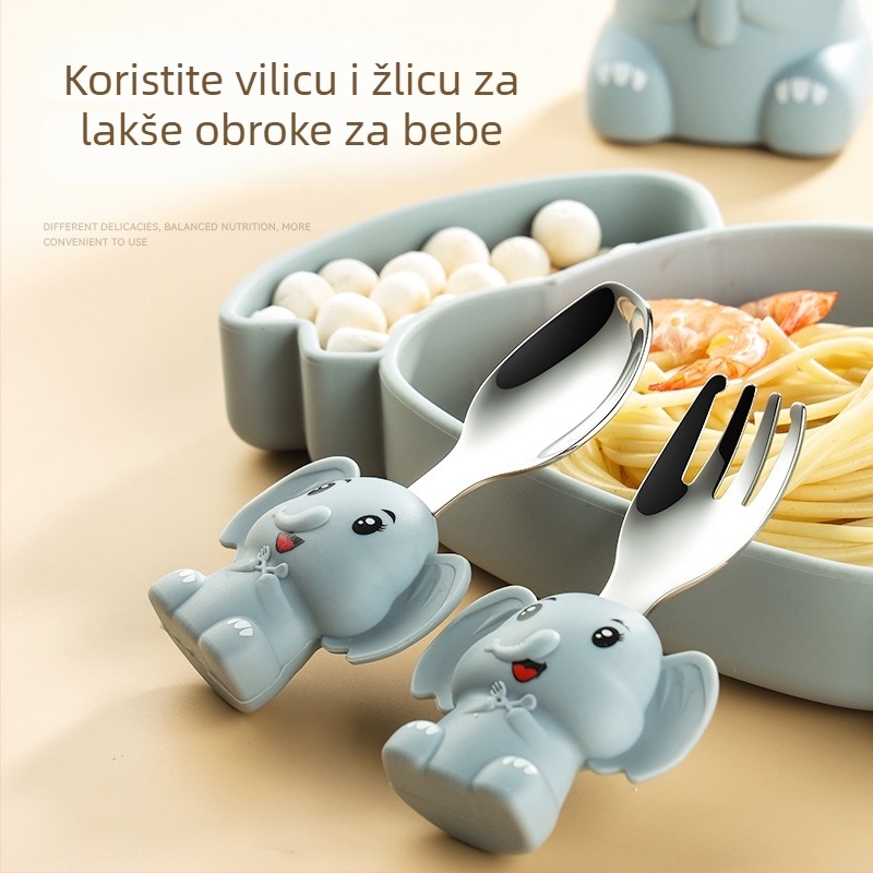 Silikonski dječji set za jelo – tanjur i pladanj s dizajnom slona, 48-dijelni komplet, za bebe od 3 mjeseca
