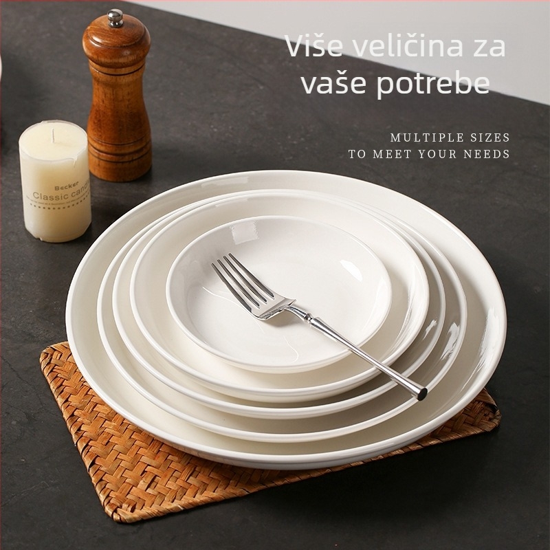 Set porculanskih tanjura za večeru, okrugli, jednobojni dizajn, moderan minimalistički stil, pogodno za mikrovalnu pećnicu