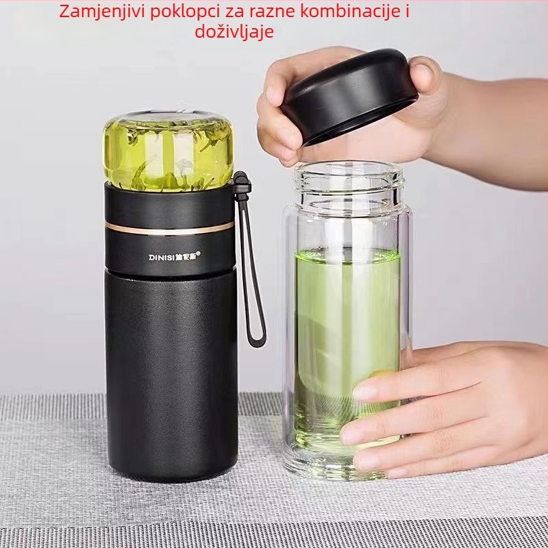 Set čajnih šalice s razdjelnikom – dvostruko borosilikatno staklo, s filtrom, poklon kutija, prilagodba logotipa