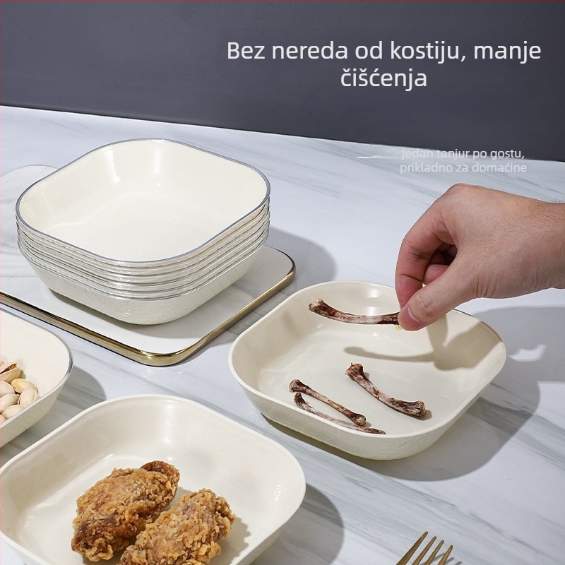 Keramički tanjur za kosti, četvrtasti oblik, celadon premaz, lagani luksuzni stil, pogodan za mikrovalnu