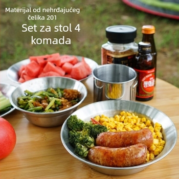 Vanjski set posuda i tanjura od nehrđajućeg čelika, kružni oblik, moderni minimalistički stil, 4 komada, otisnuto logo
