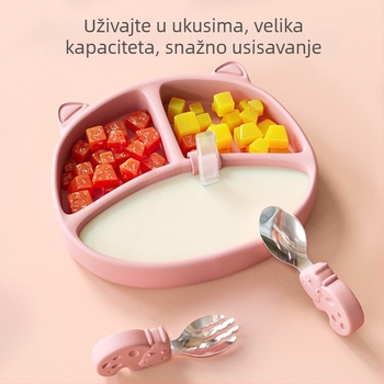 Bebinski silikonasti tanjur s usisnom i 3 odjeljka – set posuđa za prehranu za bebe od 3 mjeseca