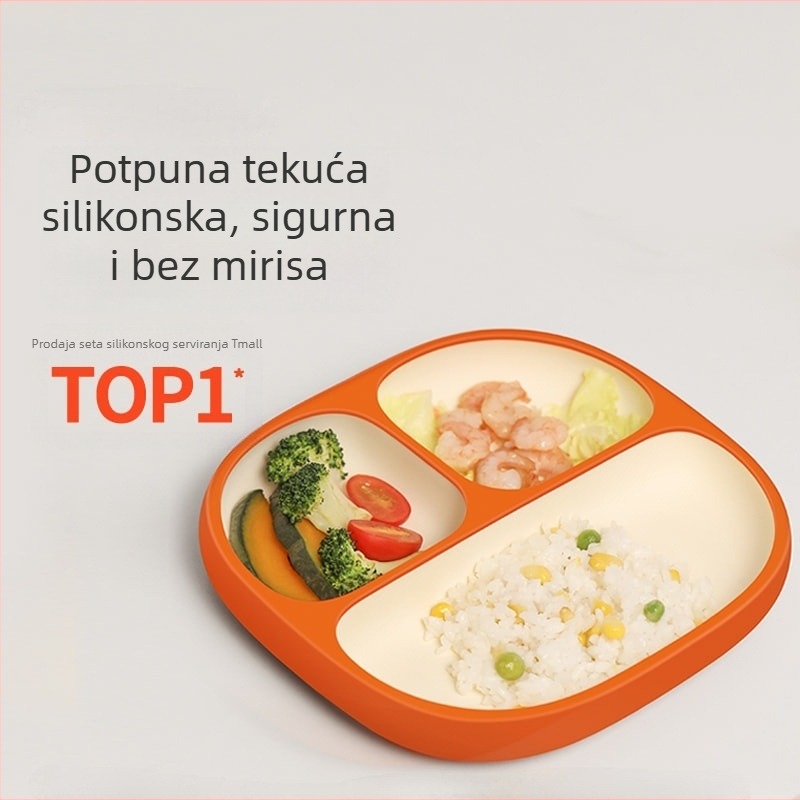 Bebinski silikonasti tanjur s usisnom i 3 odjeljka – set posuđa za prehranu za bebe od 3 mjeseca