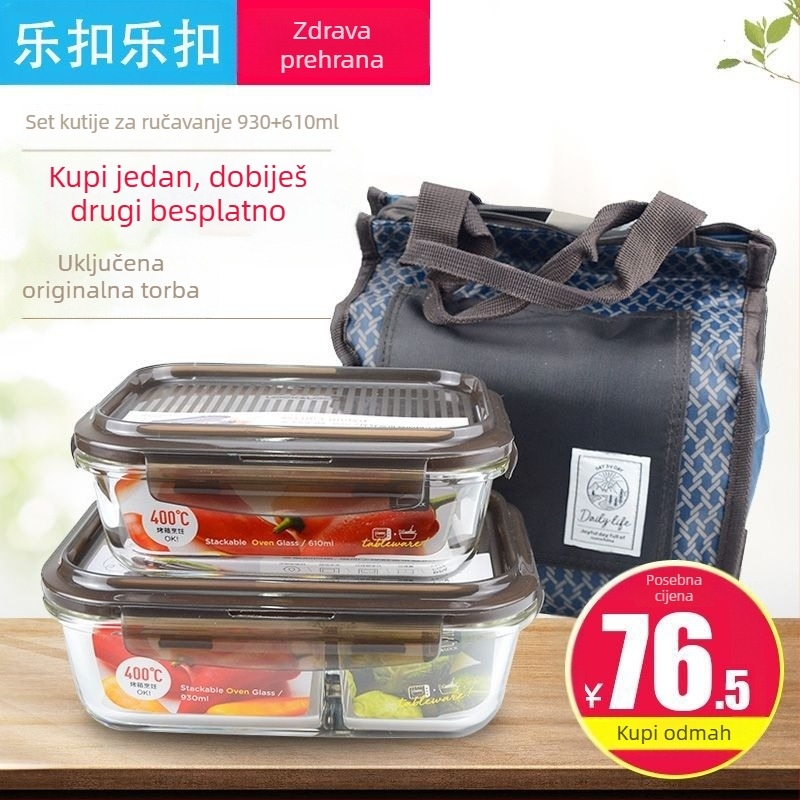 Pravougaona staklena kutija za obrok s pregradom, mikrovalna sigurna, kapacitet 800–1000 ml, poklopac, nepropusna.