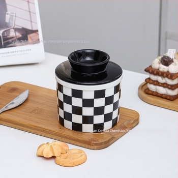 Keramička posuda za maslac, moderan minimalistički stil, dijamantni karirani uzorak i crno-bijeli kvadratni uzorak, otisnuti logotip, prilagodljivo