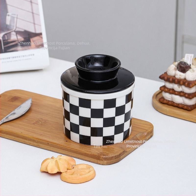 Keramička posuda za maslac, moderan minimalistički stil, dijamantni karirani uzorak i crno-bijeli kvadratni uzorak, otisnuti logotip, prilagodljivo