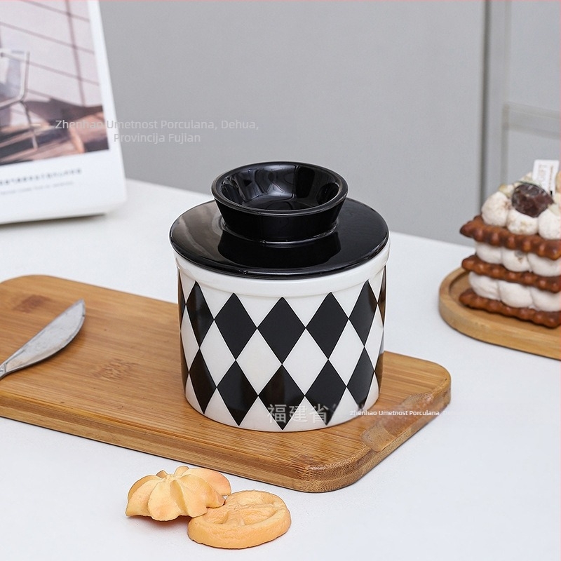 Keramička posuda za maslac, moderan minimalistički stil, dijamantni karirani uzorak i crno-bijeli kvadratni uzorak, otisnuti logotip, prilagodljivo