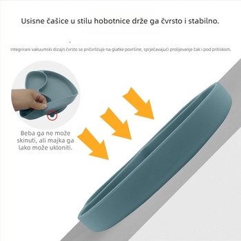 Dječji silikonasti set za prehranu s integriranim tanjurićem i snažnim usisavanjem, 3-djelni set s vilicom i žlicom.