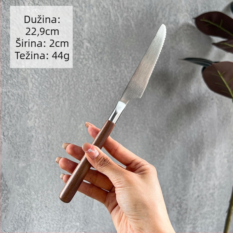 Set noževa, vilice i žlice za steak s drškom od orahovog drveta, 304 nehrđajući čelik, ogledno poliranje, minimalistički stil, tri dijela