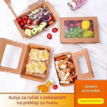 Kutija za pakiranje od Kraft papira s prozirnim prozorom, jednokratna kutija za salatu za van, kutija za voće i sushi, lagani obrok