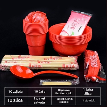 Jednokratni set posuđa crvene boje za vjenčani banket — zdjele i čaše za 10 osoba; Marka: Drugo; Materijal: Drugo; Otisak loga; Prilagođeno obradi