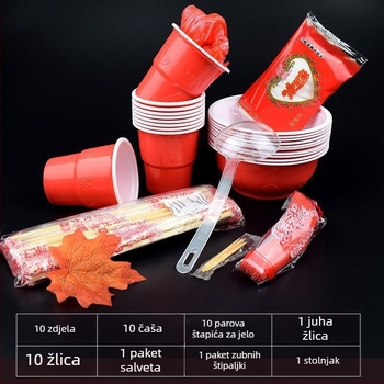 Jednokratni set posuđa crvene boje za vjenčani banket — zdjele i čaše za 10 osoba; Marka: Drugo; Materijal: Drugo; Otisak loga; Prilagođeno obradi
