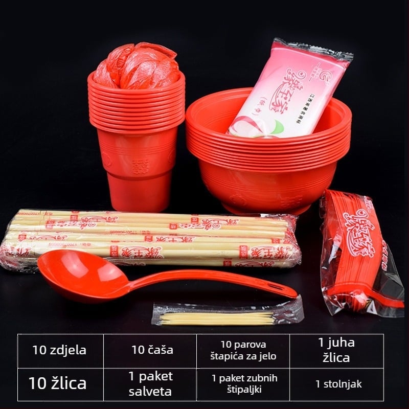 Jednokratni set posuđa crvene boje za vjenčani banket — zdjele i čaše za 10 osoba; Marka: Drugo; Materijal: Drugo; Otisak loga; Prilagođeno obradi