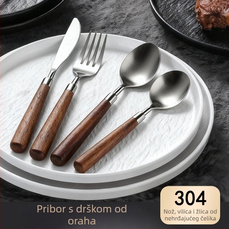 Set pribora od 304 nehrđajućeg čelika zapadnog stila: nož, vilica, žlica; ogledni sjaj; moderan jednostavan dizajn; mogućnost tiska logotipa i prilagodbe