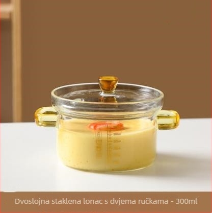 Staklena zdjela za parenje s dvostrukim držačima, visok borosilikatno staklo, otporno na mikrovalnu, nepravilnog oblika, s mjernom skalom, moderan stil
