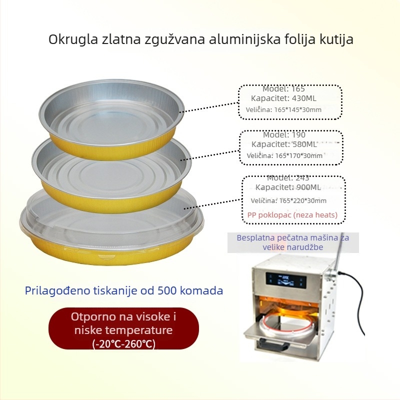 Jednokratna kutija za obrok od aluminijske folije – disk oblik, nije pogodna za mikrovalnu pećnicu, s otisnutim logom, razgradiva