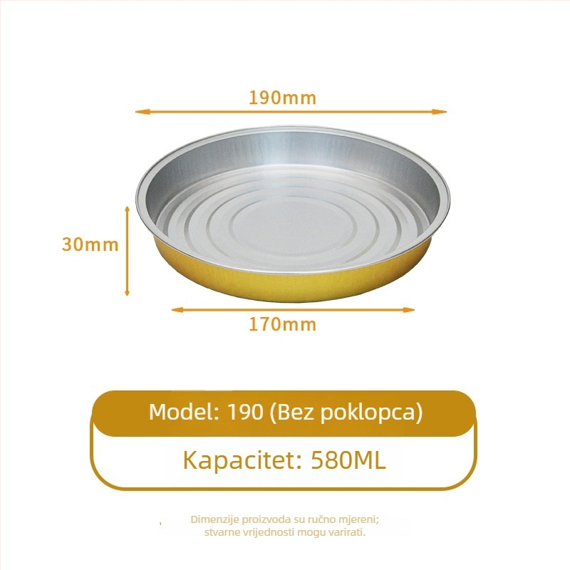 Jednokratna kutija za obrok od aluminijske folije – disk oblik, nije pogodna za mikrovalnu pećnicu, s otisnutim logom, razgradiva