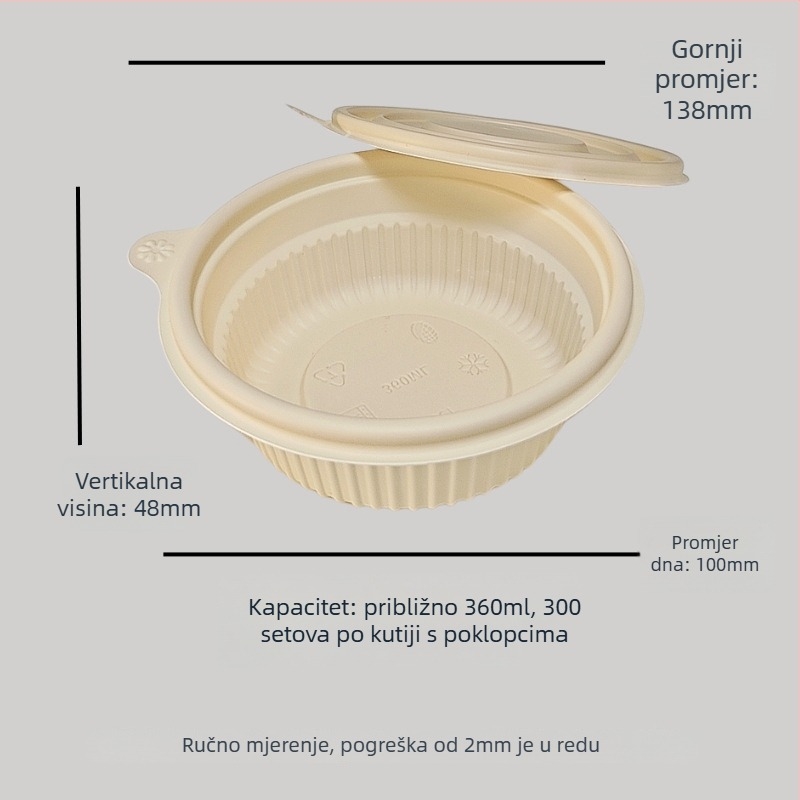 Jednokratna zdjela od kukuruznog škroba, biorazgradiva, otporna na visoke temperature, otporna na ulje i deformacije, kapacitet 900–1000 ml