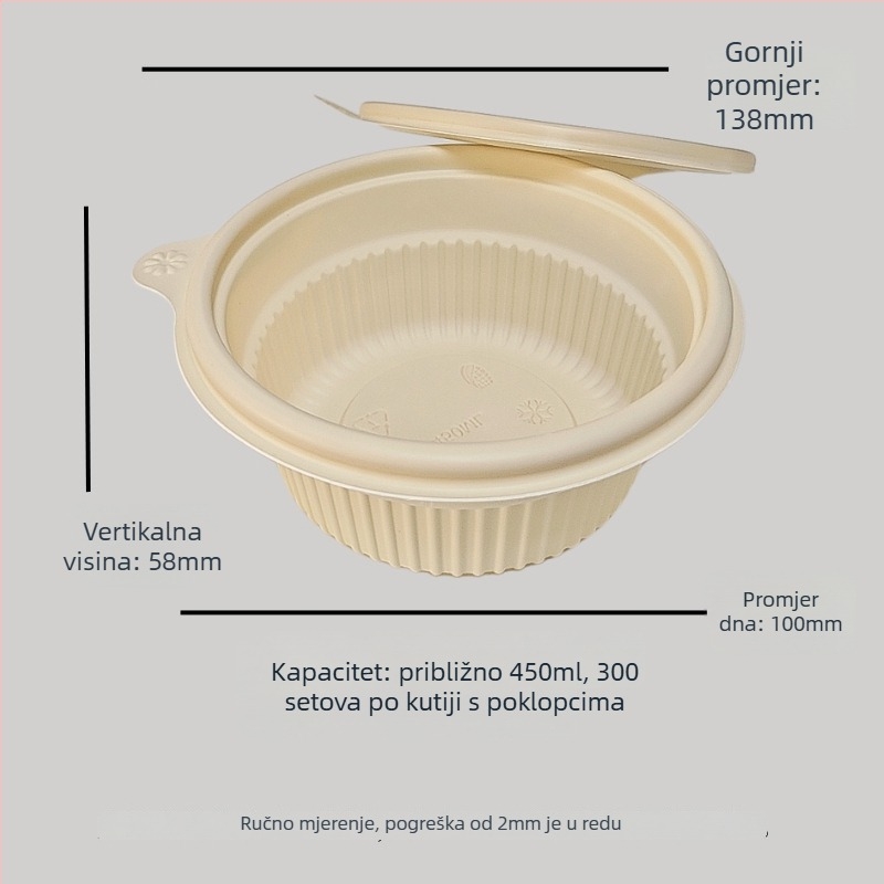 Jednokratna zdjela od kukuruznog škroba, biorazgradiva, otporna na visoke temperature, otporna na ulje i deformacije, kapacitet 900–1000 ml