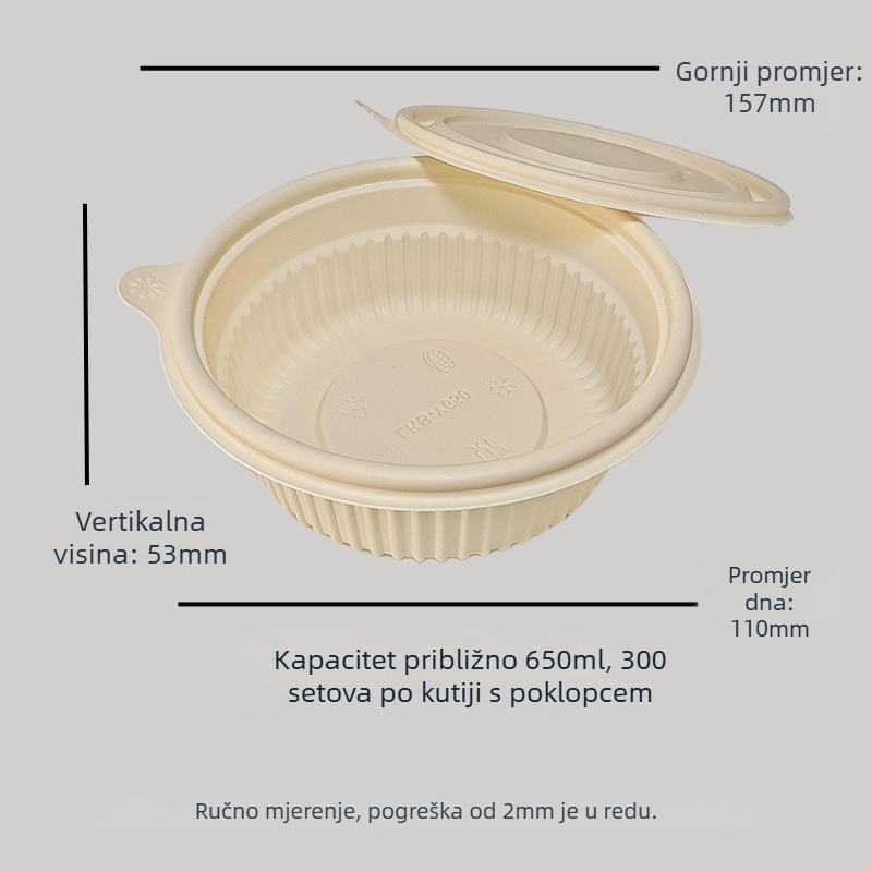 Jednokratna zdjela od kukuruznog škroba, biorazgradiva, otporna na visoke temperature, otporna na ulje i deformacije, kapacitet 900–1000 ml
