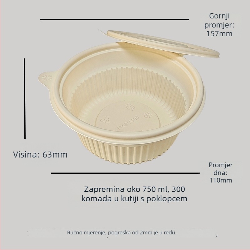Jednokratna zdjela od kukuruznog škroba, biorazgradiva, otporna na visoke temperature, otporna na ulje i deformacije, kapacitet 900–1000 ml