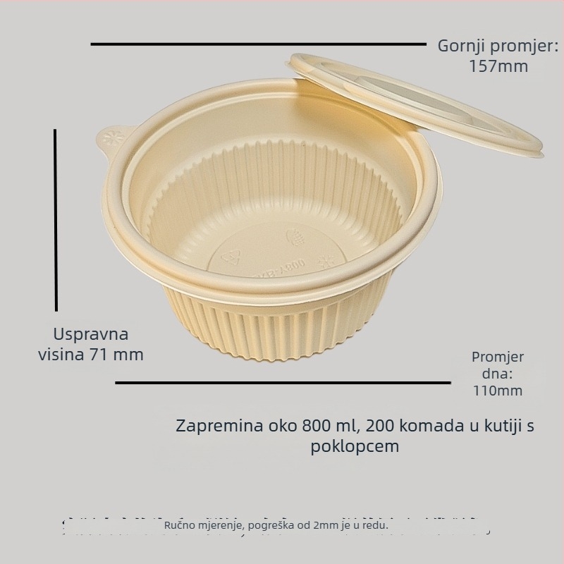 Jednokratna zdjela od kukuruznog škroba, biorazgradiva, otporna na visoke temperature, otporna na ulje i deformacije, kapacitet 900–1000 ml