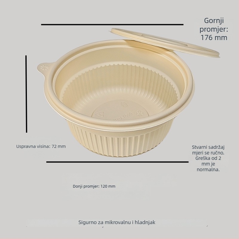 Jednokratna zdjela od kukuruznog škroba, biorazgradiva, otporna na visoke temperature, otporna na ulje i deformacije, kapacitet 900–1000 ml
