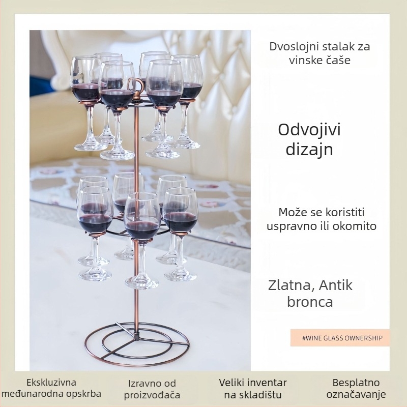 Dvostruki stalak za čaše vina od željeznog žice, odvojiva konstrukcija, drži 12 čaša, bez bušenja