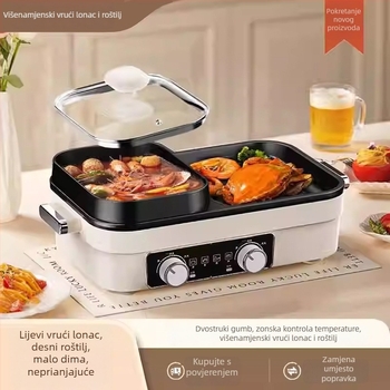 All-in-One električni lonac i grill, 1200–1500W, aluminijska legura, 3–4 porcije, kvadratni dizajn, 50 × 30,5 × 19 cm, regulacija temperature