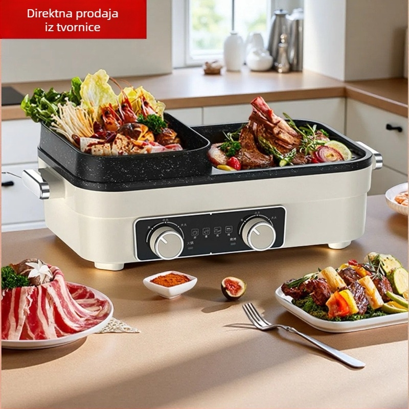 All-in-One električni lonac i grill, 1200–1500W, aluminijska legura, 3–4 porcije, kvadratni dizajn, 50 × 30,5 × 19 cm, regulacija temperature