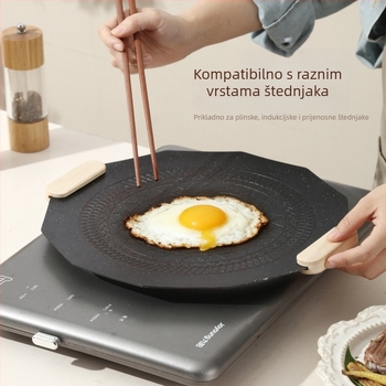 Kuangqi Željezna okrugla grill ploča - prijenosna, bezdimna, neprijanjajuća, za indukcijsku ploču (moderni minimalistički stil)