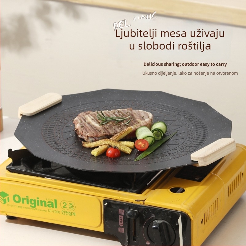 Kuangqi Željezna okrugla grill ploča - prijenosna, bezdimna, neprijanjajuća, za indukcijsku ploču (moderni minimalistički stil)