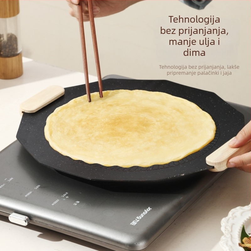 Kuangqi Željezna okrugla grill ploča - prijenosna, bezdimna, neprijanjajuća, za indukcijsku ploču (moderni minimalistički stil)