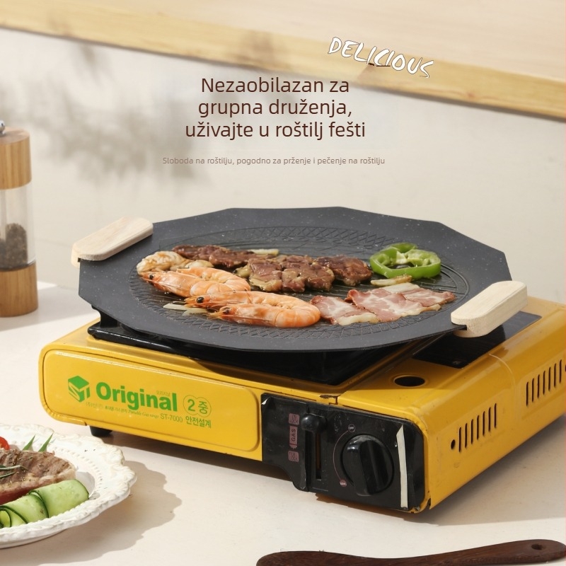 Kuangqi Željezna okrugla grill ploča - prijenosna, bezdimna, neprijanjajuća, za indukcijsku ploču (moderni minimalistički stil)