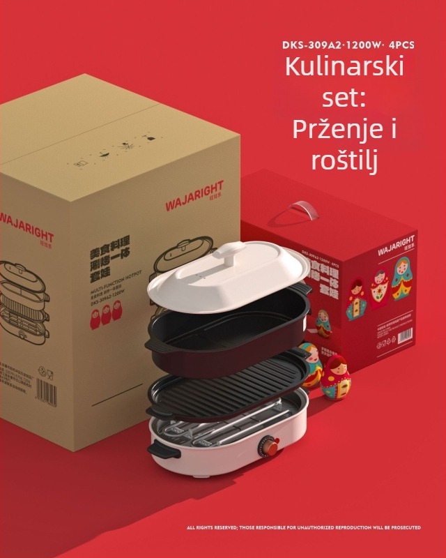 Električna posuda i grill – keramičko tijelo, 1201–1500W, kapacitet 4–5 L, funkcije: prženje, kuhanje, gulaš, hot pot, teppanyaki