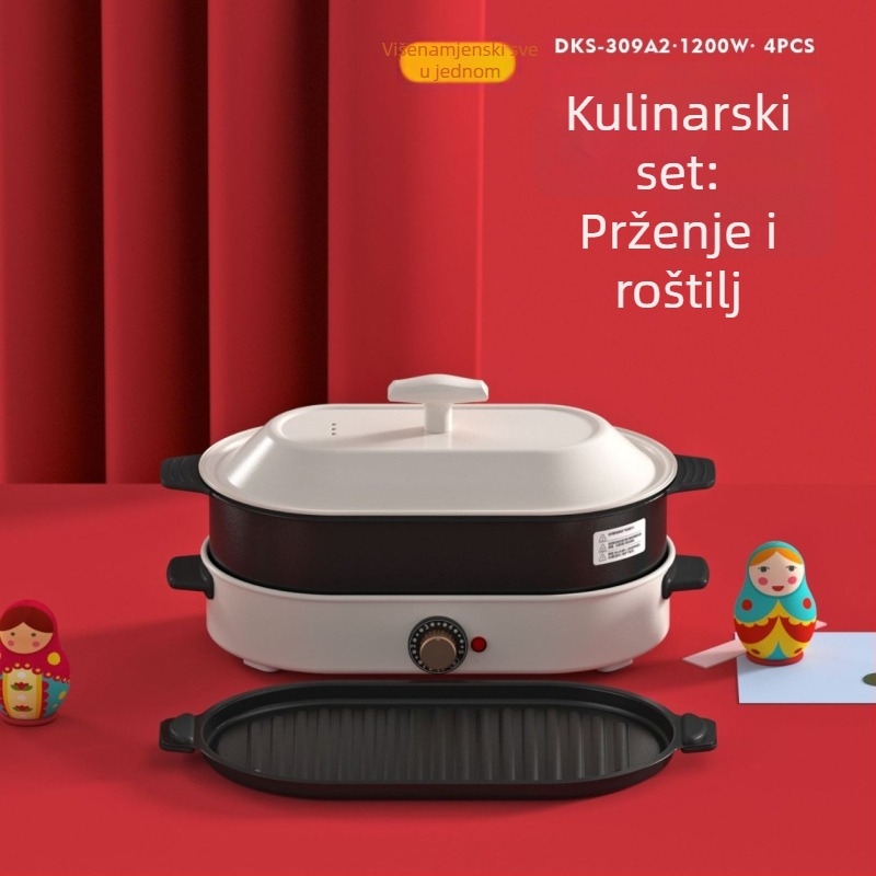 Električna posuda i grill – keramičko tijelo, 1201–1500W, kapacitet 4–5 L, funkcije: prženje, kuhanje, gulaš, hot pot, teppanyaki